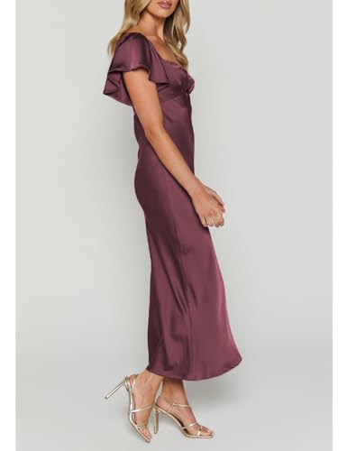 Image of Summer Satin Flutter Sleeve Wedding Guest Dresses for Women Sweetheart Neckline Cutout Tie Back Midi Cocktail Dress