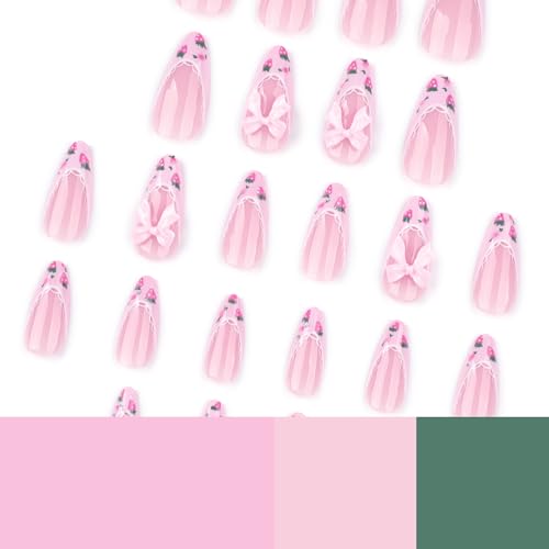 Image of NBNTGH Pink French Tip Glue On Nails, 24 Pcs Almond Shape, ABS Material, Full Cover, Glossy Finish, Strawberry Bow Pattern, Reusable, Summer Nails for Women, Home Manicure, 24 Fl Oz