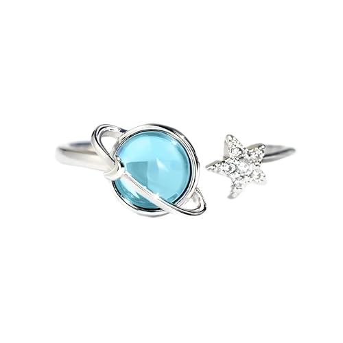 Anillo de planeta azul de apertura joyería fina con estrella circonita