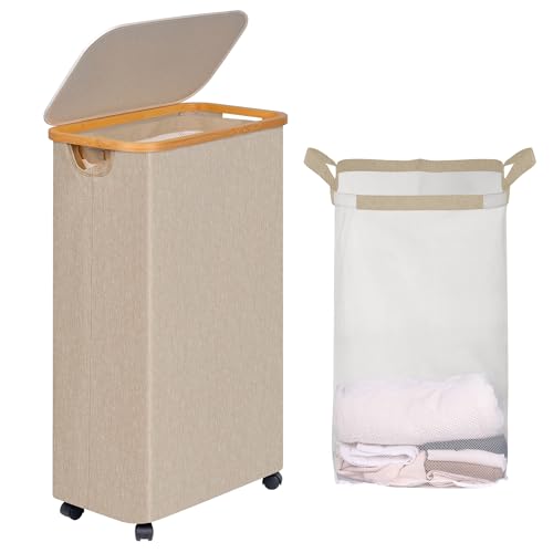 Image of efluky Slim Laundry Hamper with Wheels, Narrow Laundry Basket with Lid and Removable Bag, Aesthetic Dirty Clothes Hamper on Wheels for Laundry Room, Bedroom, Dorm and Bathroom, 75L Beige