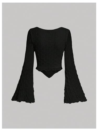 SOLY HUX Women’s Long Bell Sleeve Tops Mesh Sweetheart Neck Going Out Crop Top Casual Asymmetrical T Shirts Tees