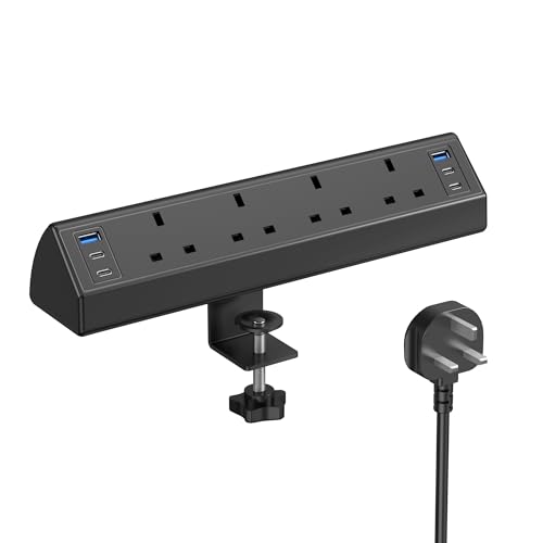 Desk Clamp Power Socket USB C Slots 40W Total Fast Charging Station 4 Way Desk Extension Lead with Switch Desktop Power Strip 2M for Home Office Fit 1.9 Tabletop Edge(Black)
