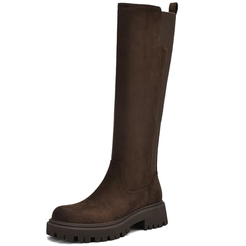 Image of TEAIEU Knee High Boots for Women, Platform Chunky Block Low Heel Tall Boots, Round Toe Side Zipper Fall Long Boots for Dress, Stretch Calf, Comfortable