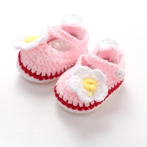 Baby Girl Crochet Knit Mary Jane Flats, Newborn Infant First Walking Shoes, Bowknot Floral, Soft Cozy3