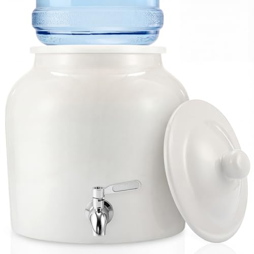 FillTouch 1 Set Ceramic Water Dispenser Crock Water Dispenser with 304 Stainless Steel Faucet Valve and Lid for 3 to 5 Gallon Jugs Porcelain Cooler for Home Office Indoor (Regular Style White)