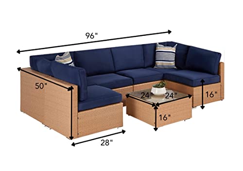 Image of DEVOKO Outdoor Wicker 6-Seater Sectional Sofa Set with Powder Coated Iron Frame and Water Resistant Cushions for Garden, Poolside, Patio, Porch (Beige and Navy Blue)