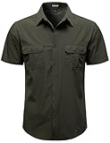JEMITOP Mens 4-Way Stretch Lightweight Outdoor Shirt Meshed Back-Vent Short Sleeve Button Down Work Shirts with Pockets for Fishing Safari Camping Hiking Army Green L