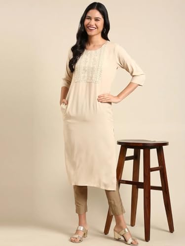 Image of SHOWOFFFF Women Solid Straight Ethnic Kurta | Round Neck 3 /4th Sleeves Cotton Kurta for Womens | Regular Fit Calf Length Kurta for Women's