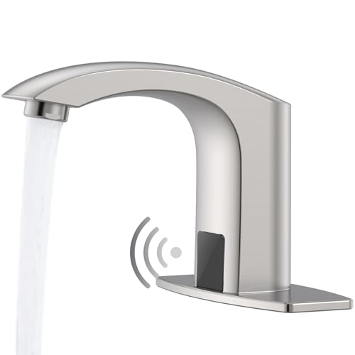 Image of Touchless Bathroom Sink Faucets, Greenspring Automatic Faucet Bathroom Commercial Motion Sensor Faucet Battery or Plug-in Powered with Control Box and Temperature Mixer, Brass, Brushed Nickel