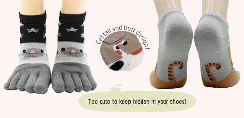 Image of Japanese Cat Design Toe Five Finger Socks (Set of 5 Pairs) Athletic No Show Split Toe Socks Colorful