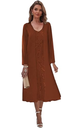 2 Pieces Mother of The Bride Dresses for Wedding Tea Length Formal Dress with Jacket Sequin Evening Gown4