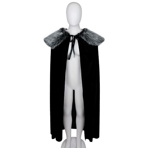 L'VOW Medieval Viking Fur Cloak Renaissance Fur Cape - Black Velvet Cloak with Fur King Cape Costume