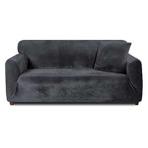 Teynewer Thick Velvet Sofa Covers 1 2 3 4 Seater High Stretch Non-Slip Couch Cover Furniture Protector Plush Sofa Slipcovers with 1 pillowcase for Living Room Dogs Cat Pet (1 Seater, Dark Grey)