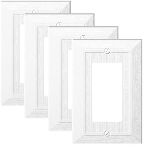 Modern Decorative Wall Plate Switch Plate Outlet Cover, Vintage Retro Wood Grain Design(Single Decorator-4 Pack, White)