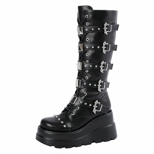 FQLGJMY bottes de Combat Punk Goth Mid mollet bottines de moto avec boucles en métal pour l’automne hiver