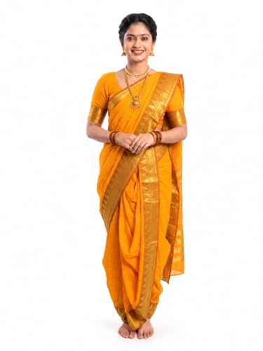 Image of Mom and Me Women Ready to Wear Nauvari Saree, Maharashtrian Peshwai Paithani, 9 Yard Readymade, Acrylic Cotton, Free Size, Traditional Ethnic Saree, with Blouse Piece