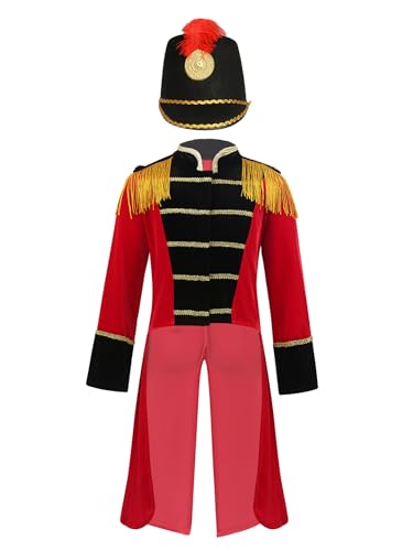 Kids Boys Circus Drum Band Uniform Fringes Epaulet Tailcoat Jacket Dress Up with Band Knight Hat