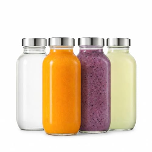 Image of Glass Water Bottle 1000ml Set of 4, Square French Design Transparent Glass Bottles with Airtight Lid, BPA Free Water Juice Storage Bottle for Fridge & Kitchen
