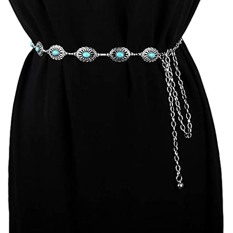 TYEQWT Western Turquoise Waist Chain, Adjustable Metal Chain, Concho Chain Belt, Metal Waist Stone Chain, Women Chain Belts with Stylish Clasp, for Formal Wear, Dress, Western Outfits, Party Wear Cover