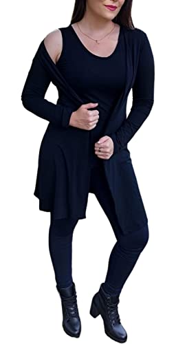Conjunto Cardigan Manga Longa Alongado com Regata Kimono Feminino em Malha