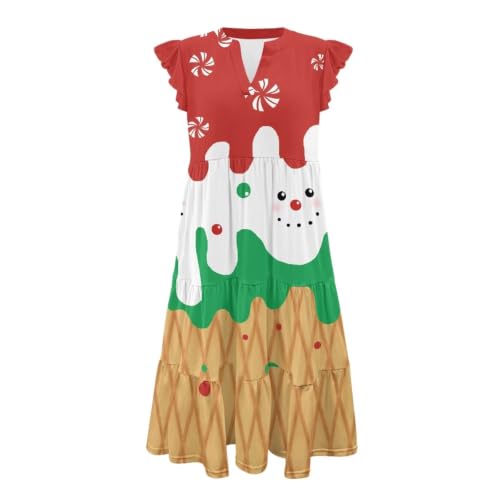 Image of Women's Casual Ruffle Sleeve Dress V Neck Pullover Dress Flowy A-Line Pleated Lightweight Dress with Pockets