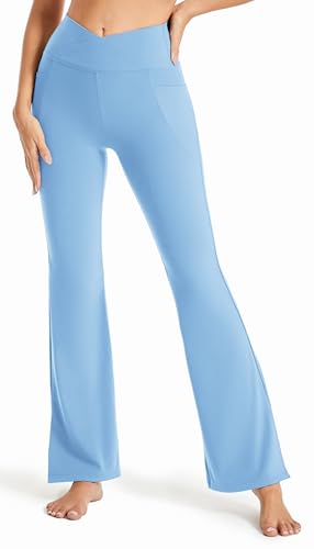 Image of Maxbee Flare Yoga Pants with Pockets for Women, V Crossover Flare Leggings Tummy Control, High Waist Bootcut Yoga Leggings
