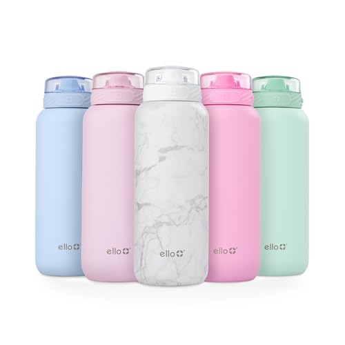 Image of Ello Cooper 32oz Stainless Steel Water Bottle with Straw and Carry Handle, Double Walled and Vacuum Insulated Metal, Leak Proof Locking Lid with Soft Silicone Spout, Reusable, BPA Free, White Marble
