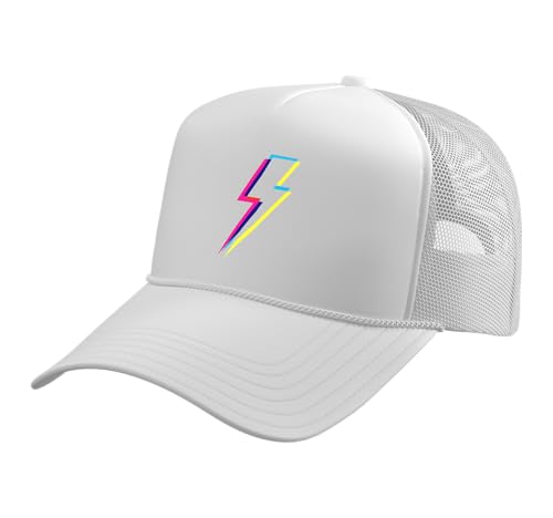Retro Bolt of Lightning Trucker Hat with Adjustable Mesh Back, White