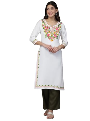 Image of QAZMI Women's Floral Aari Embroidered Viscose Rayon 3 /4 Sleeves Straight Kurta