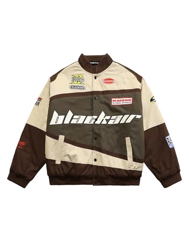 Vamtac Mens Varsity Baseball Jacket Bomber Cotton Vintage Racing Coats Streetwear with Pocket Brown S