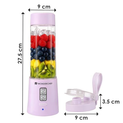 Image of Wonderchef Twister Portable Blender, 500ml, Dual-rotation Stainless-steel Blades, For Crushing Ice, Smoothies, Shakes, For Backpacks /Office Bags, Type-c Charge, 1-Yr Warranty, Lavender