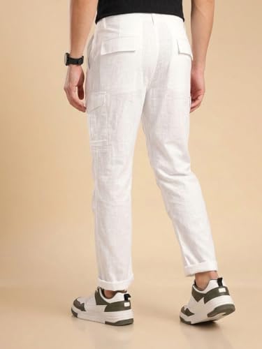 Image of Vogaan Men Cotton Linen Blend Cargo Pants | Mid Rise Regular Fit Casual Trousers | Multi Pocket Utility Bottom Wear | Comfortable Breathable Fabric Travel Outdoor Styling