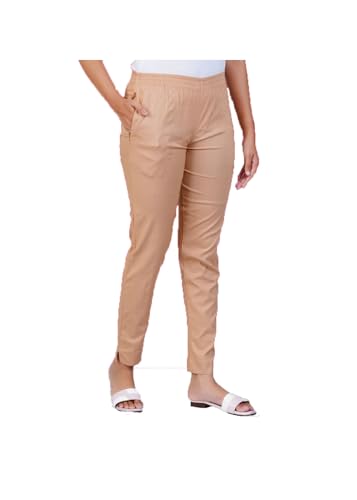 Image of Happy Bunny Cotton Blend Lycra Kurti Pants for Women, Soft 30% Stretch Full Length Trousers with Elastic Waist & Zip Pocket, Ideal for Office, Work, Casual, Home Wear Breathable Slim Fit