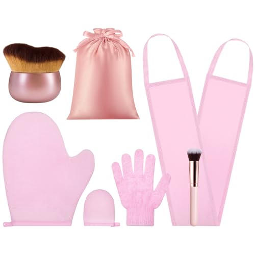 Image of 6pcs Self Tanning Mitt Applicator Kit Including Self Tanning Mitt and Brush, Body Brush, Back Applicator, Mini Facial Glove, Facial Tool, Exfoliating Glove (Pink)