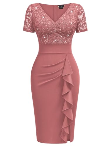 Image of Miusol Women's V Neck Sequin Lace Ruffle Cocktail Party Dress | Deep v-neck, glitter sequin Lace, ruffle design, bodycon dress for cocktail, wedding, evening and semi-formal event