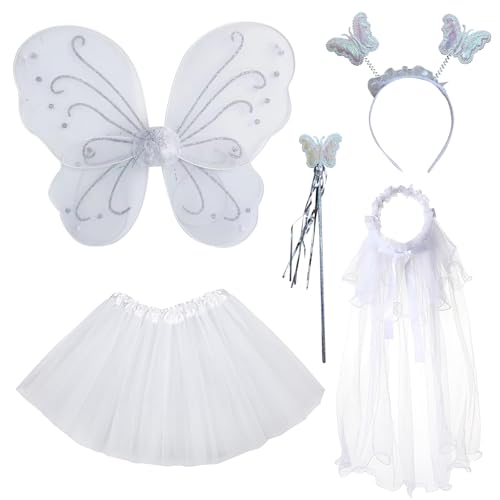 BDSHUNBF 5 Pcs Feen kostüm Kinder für Mädchen, Feenflügel Kinder Schmetterling Kostüm Mädchen, Schmetterlingsflügel Kinder Tutu Zauberstab und Haarreifen, Fee Kostüm Damen Schmetterling Flügel (Weiß)