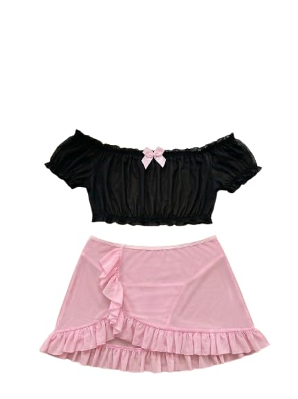 Women's Sheer Mesh Crop Top and Mini Skirt Set, Black and Pink | Blonde Hair, Poseable Limbs, Realistic Skin Tone, Adult Collectible, Full-picture-28