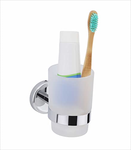 Image of Premium SUS 304 Stainless Steel Toothbrush Holder with Frosted Glass Tumbler - Wall Mounted Bathroom Toothpaste & Shaving Kit Organizer, Rustproof Chrome Finish (Round-29)