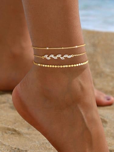 Image of Gold Ankle Bracelets for Women,14k Gold /Silver Plated Waterproof Layered lightweight Cuban Link Figaro Chain Heart anklet Bracelets Set Gold Anklets for women Trendy Jewelry Gift