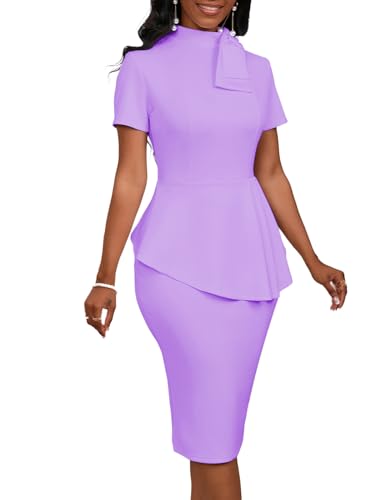 Image of WanMem Women Formal Bodycon Peplum Cocktail Dress Short Sleeve Bow Ruffle Pencil Party Midi Dresses