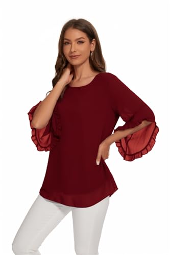 CASURESS Womens Blouses Floral Printed 3 4 Batwing Sleeve Shirt Crew Neck Double Layered Chiffon Loose Tops4