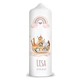 GRAVURZEILE Bedruckte Kerze - Taufkerze Arche Regenbogen - brilliant bedruckte Kerze zur Taufe - Personalisiertes Taufgeschenk für Mädchen & Jungen - Hochwertige Stumpenkerze 250/80 mm - Farbe: Rosa