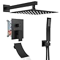 Airuida Matte Black Tub Shower Faucet Set 3 Function Shower System with Tub Spout with Waterfall Tub Spout 10 Inch Wall Mount Rainfall Showerhead Handheld Combo Set Rough-in Valve Included