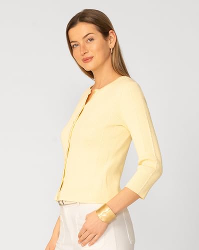 Image of Cable & Gauge 3 /4 Sleeve Cardigan for Women, Crew Neckline & Button Down Front, Stitch Detail