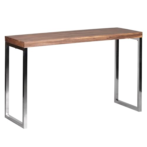 FineBuy Konsolentisch Massivholz Konsole mit Metallbeinen Schreibtisch 120 x 45 cm Landhaus-Stil Sideboard Modern Massiv dunkel-braun Echt-holz Natur Beige