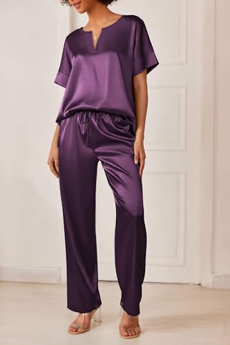 Image of Ekouaer Mens Satin Pajamas Set Button-Down Short /Long Sleeve Shirt Top Soft Silk Sleepwear Loose Pocket Pant Loungewear