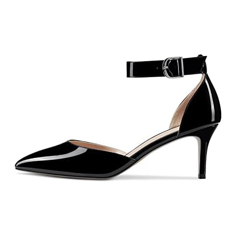 NobleOnly Women Stiletto Kitten Low Heel Ankle Strap Pumps Court Shoe Close Pointed Toe Wedding Office Dress Shoes 6.5 cm Heels Black Patent 3.5 UK Cover