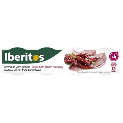 Iberitos - Crema Untable de Jamón de York Picante - Ideal para Untar Tostadas, Pan y Crackers - Ingredientes Selectos - Sin Gluten - Producto Fabricado en España - 16 Packs de 4 x 23 Gramos