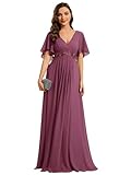 Ever Pretty Robe de Témoin de Mariage Longue Appliqué Col V Manches Courtes Chic Prune 42