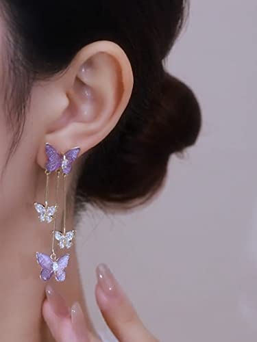 Purple Butterfly Earrings for Women Gifts Trendy Stuff Crystal Zircon Butterfly Tassel Dangle Purple Earrings Wedding Jewelry Gifts Purple Dress for Woman Outfits2